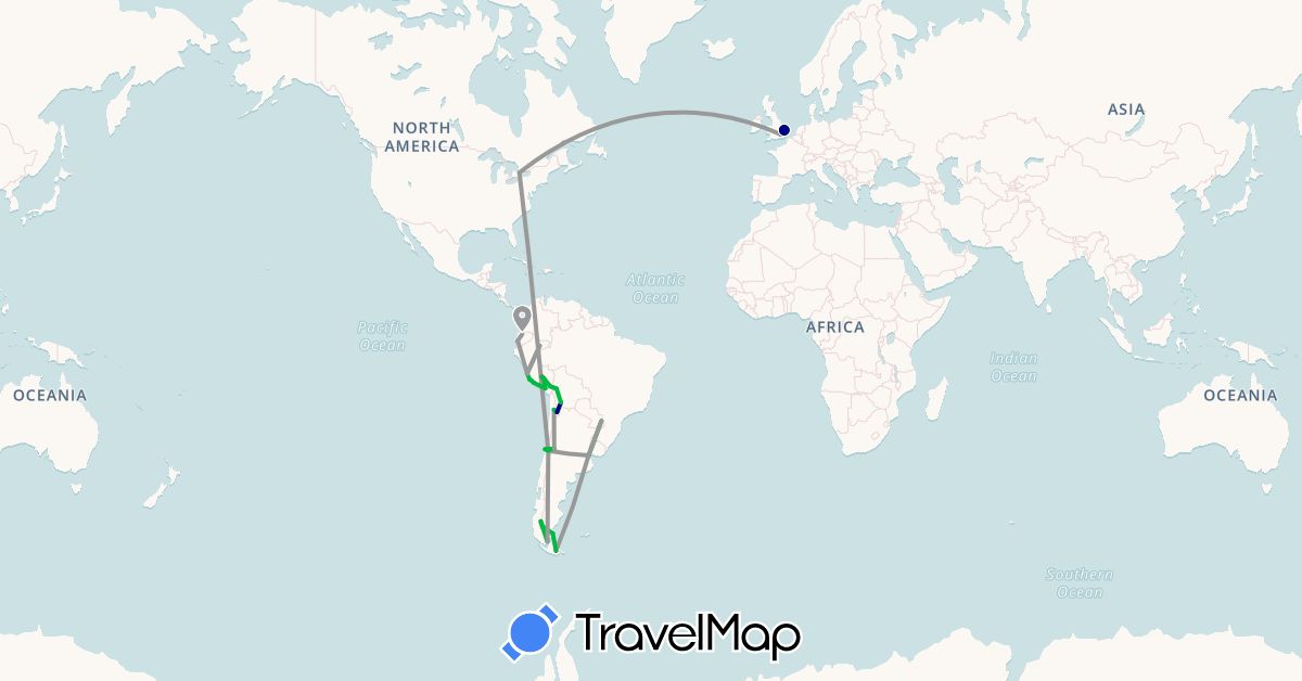 TravelMap itinerary: driving, bus, plane, cycling, hiking in Argentina, Bolivia, Brazil, Canada, Chile, Ecuador, United Kingdom, Peru (Europe, North America, South America)